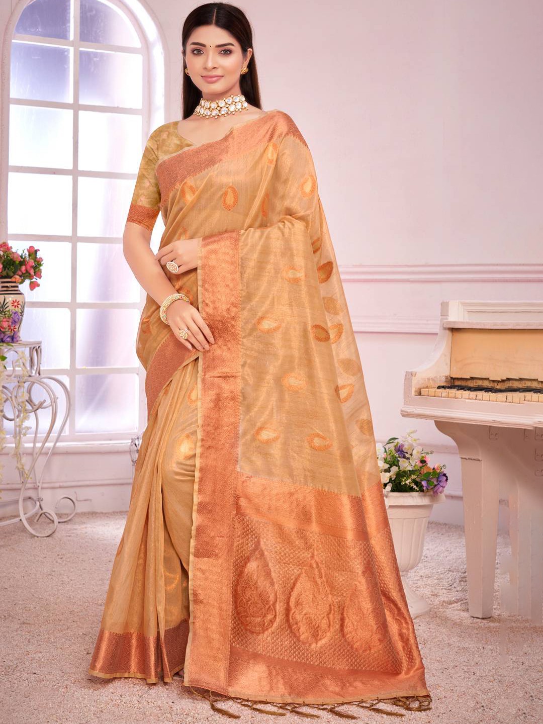 

KARAGIRI Woven Design Zari Organza Saree, Beige
