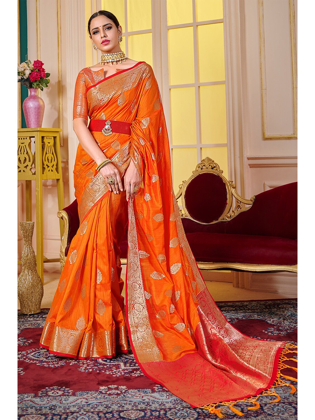 

KARAGIRI Ethnic Motifs Zari Chanderi Saree, Orange