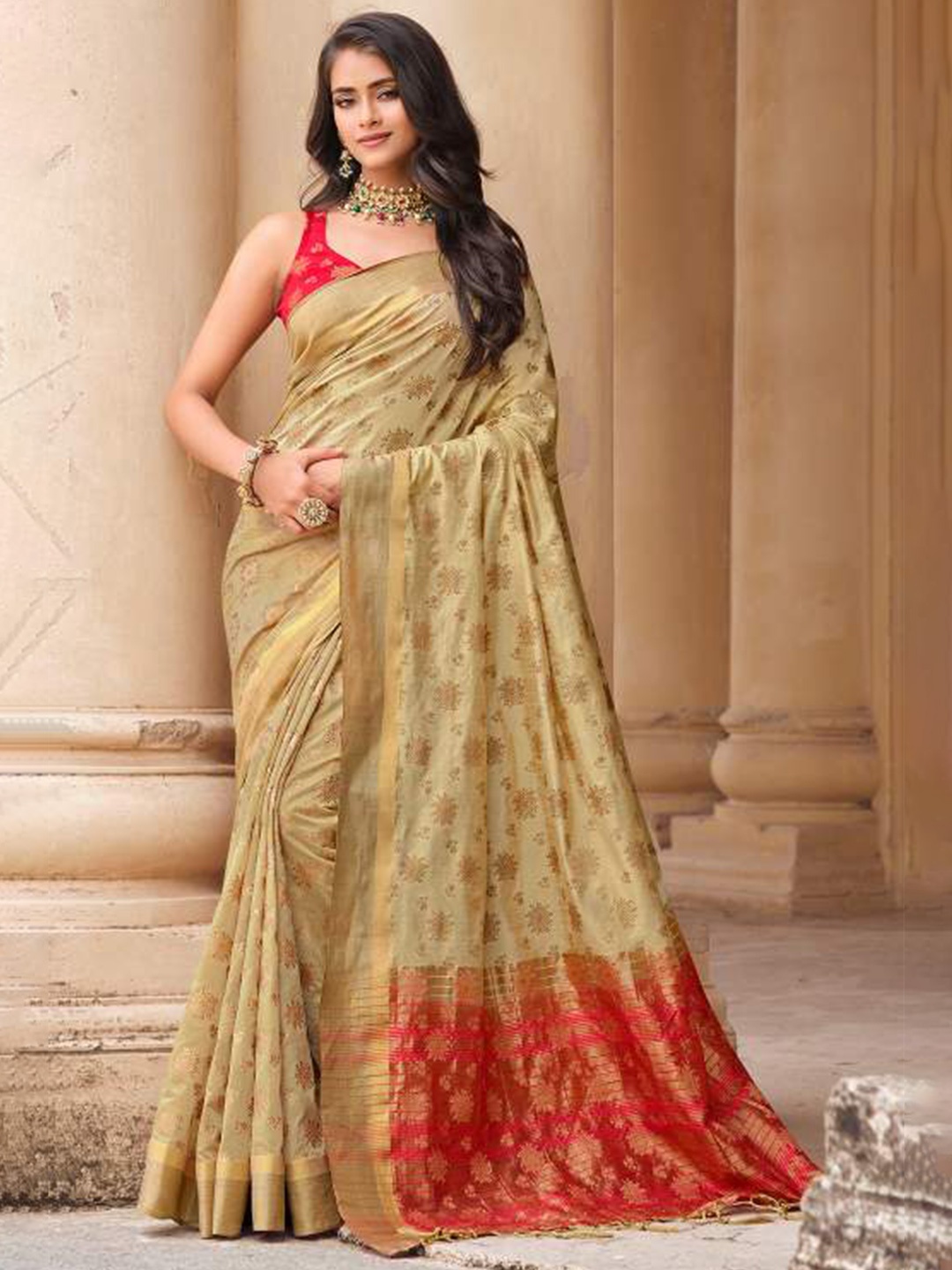 

KARAGIRI Ethnic Motifs Zari Silk Blend Saree, Cream