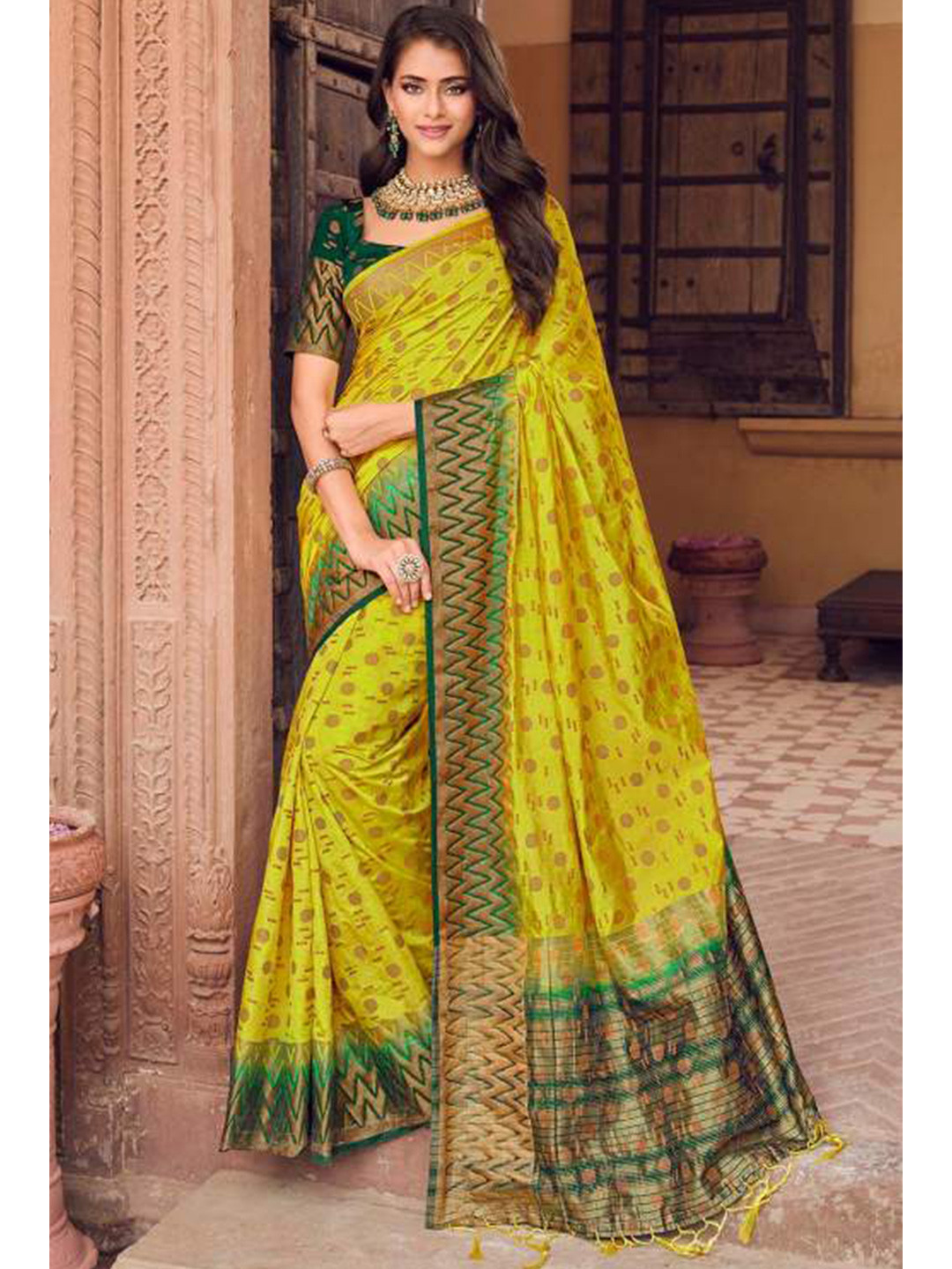 

KARAGIRI Ethnic Motifs Zari Silk Blend Saree, Yellow
