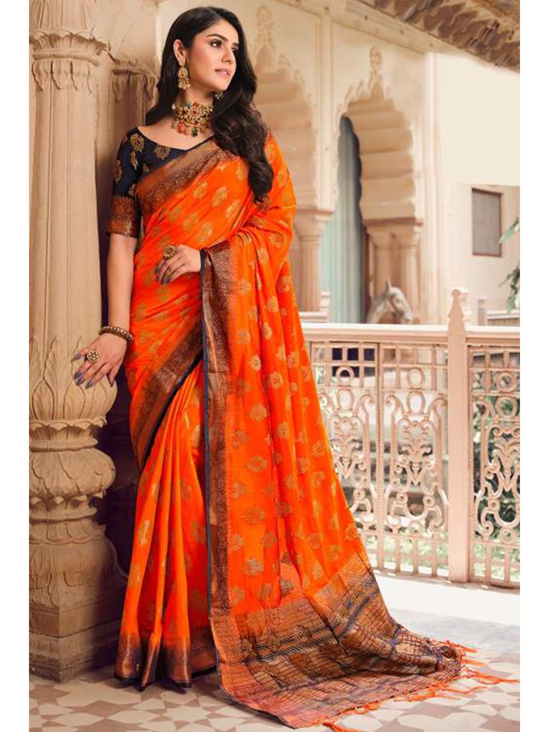 

KARAGIRI Ethnic Motifs Zari Silk Blend Saree, Orange