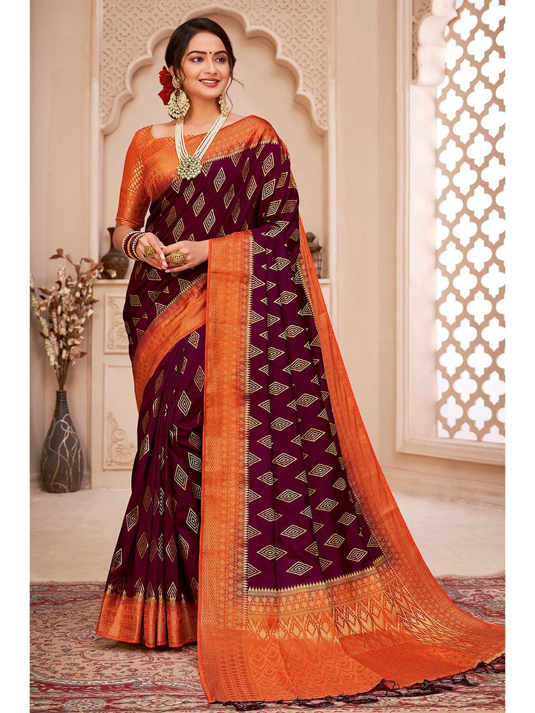 

KARAGIRI Ethnic Motifs Zari Silk Blend Banarasi Saree, Purple