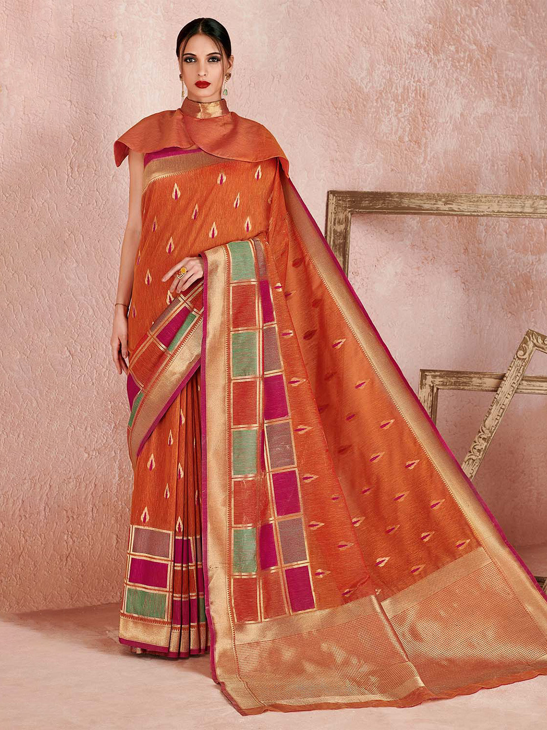 

KARAGIRI Woven Design Zari Linen Blend Saree, Orange
