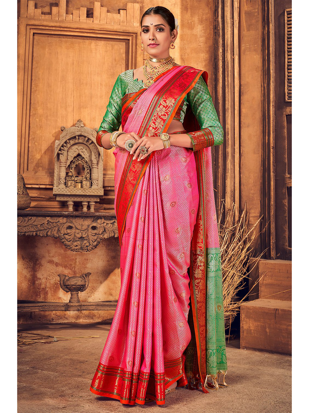 

KARAGIRI Ethnic Motifs Zari Saree, Pink