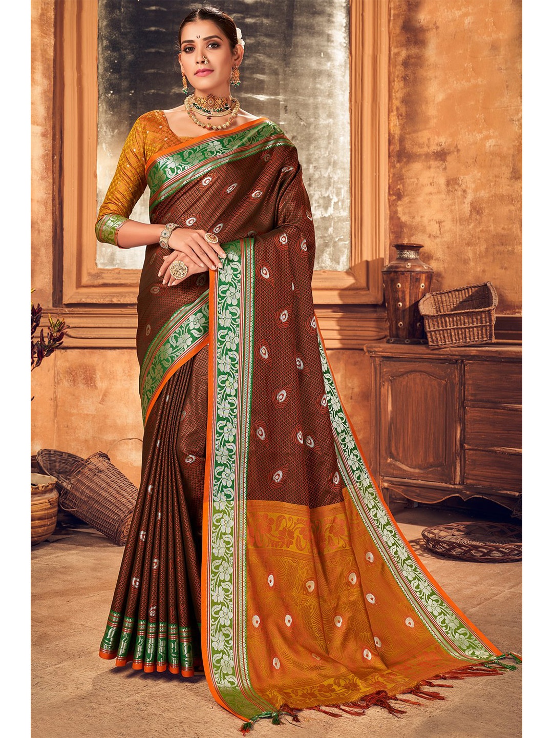 

KARAGIRI Woven Design Zari Saree, Brown