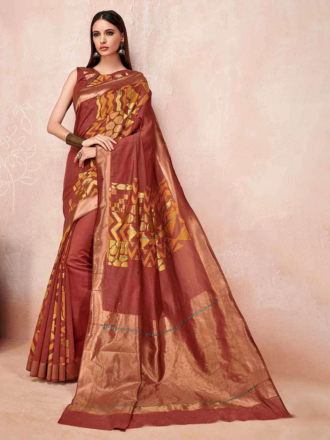

KARAGIRI Woven Design Zari Linen Blend Saree, Brown