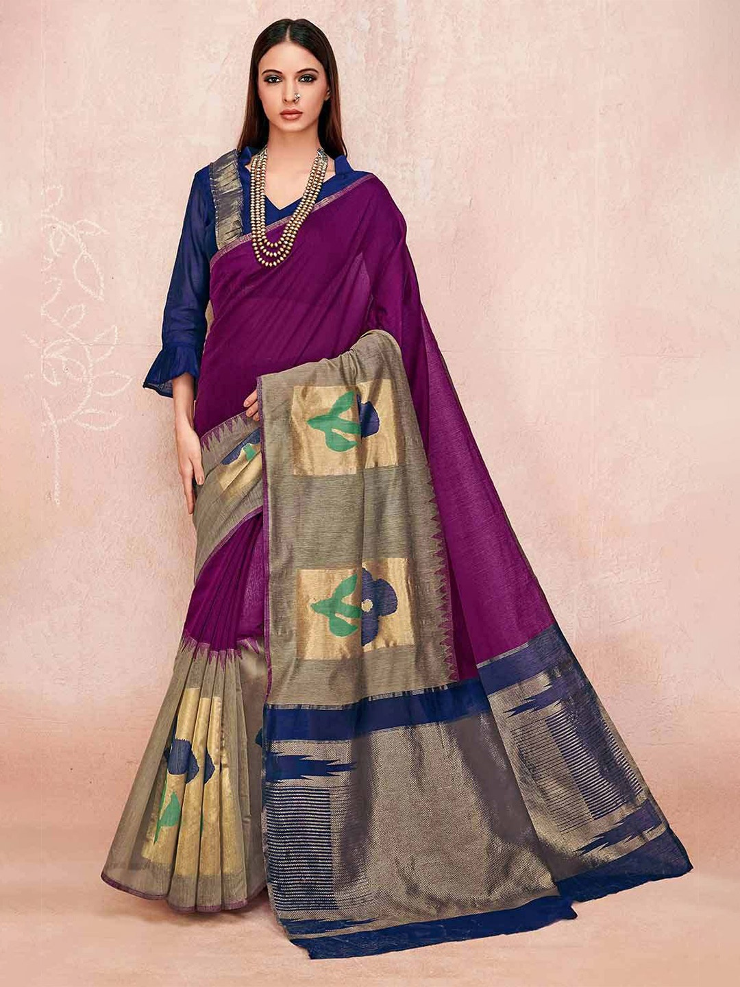 

KARAGIRI Ethnic Motifs Linen Blend Saree, Purple