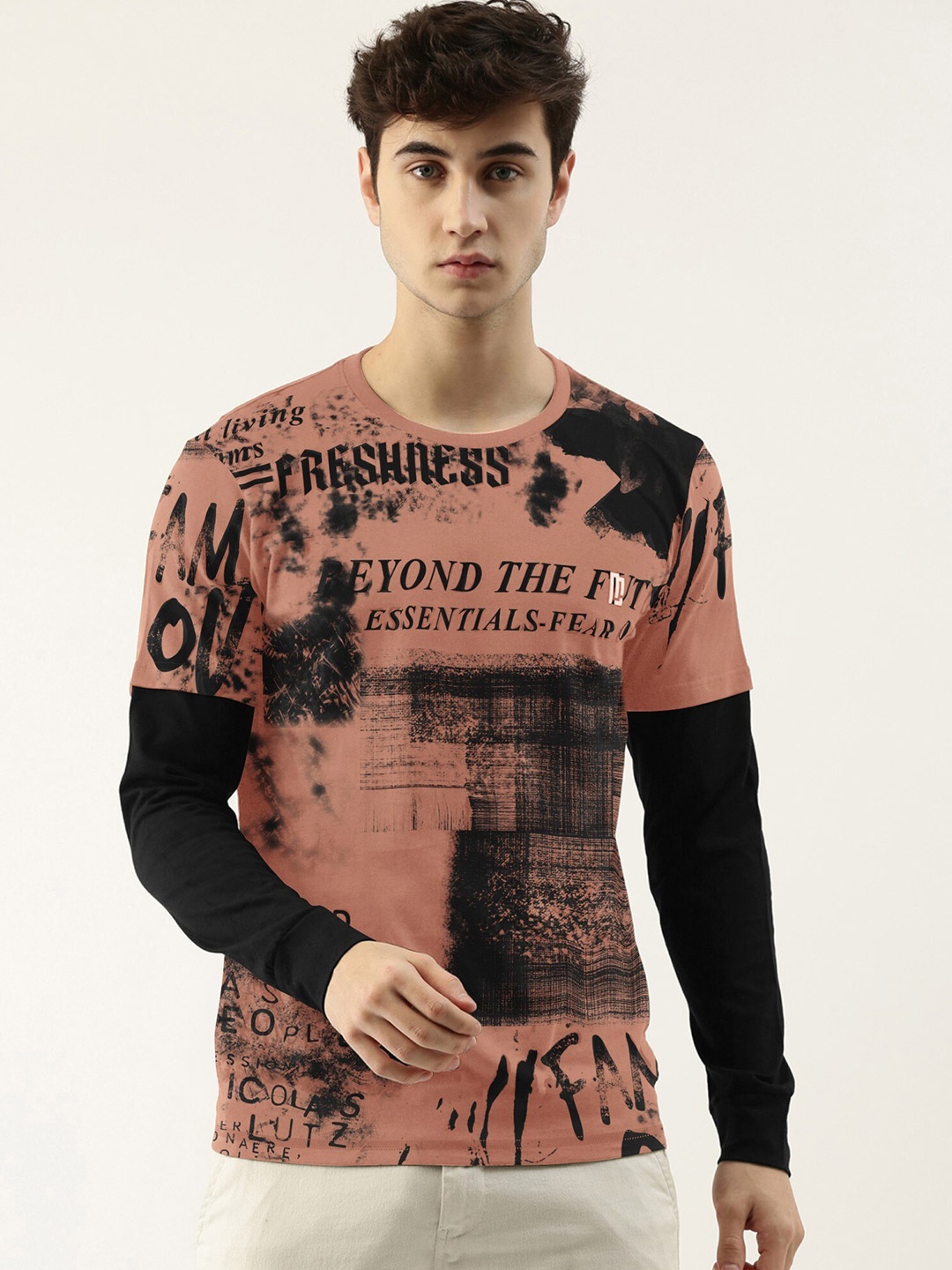 

Maniac Men Typography Printed Slim Fit Cotton T-shirt, Peach