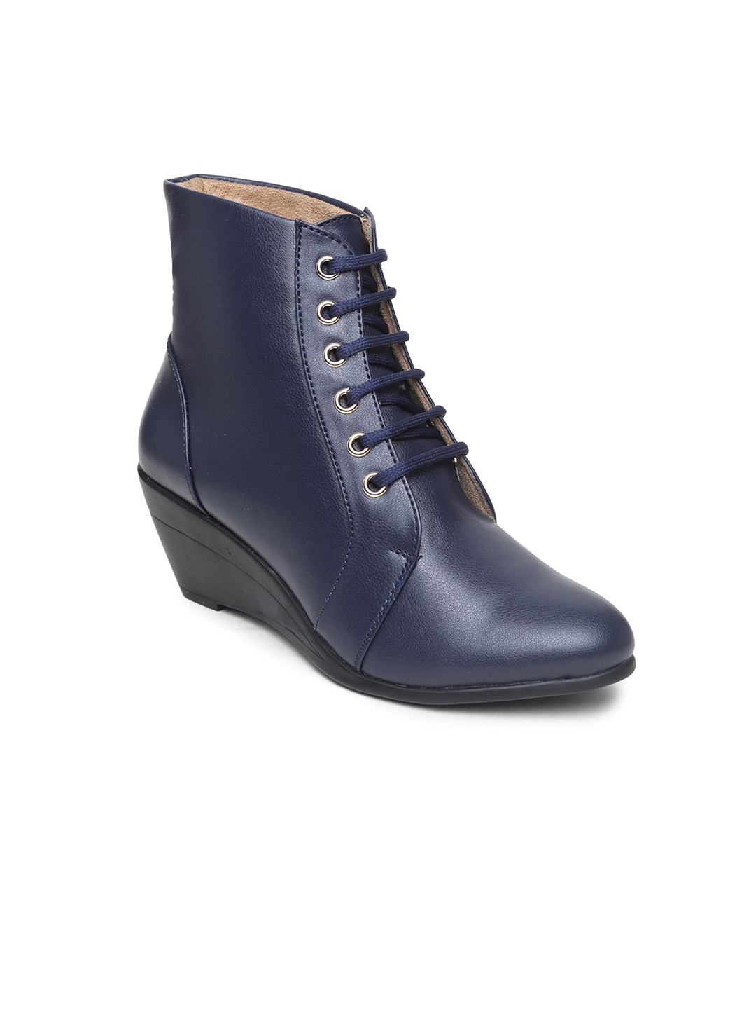 

VALIOSAA Women Lace-Ups Pointed-Toe Wedges Heel Boots, Navy blue