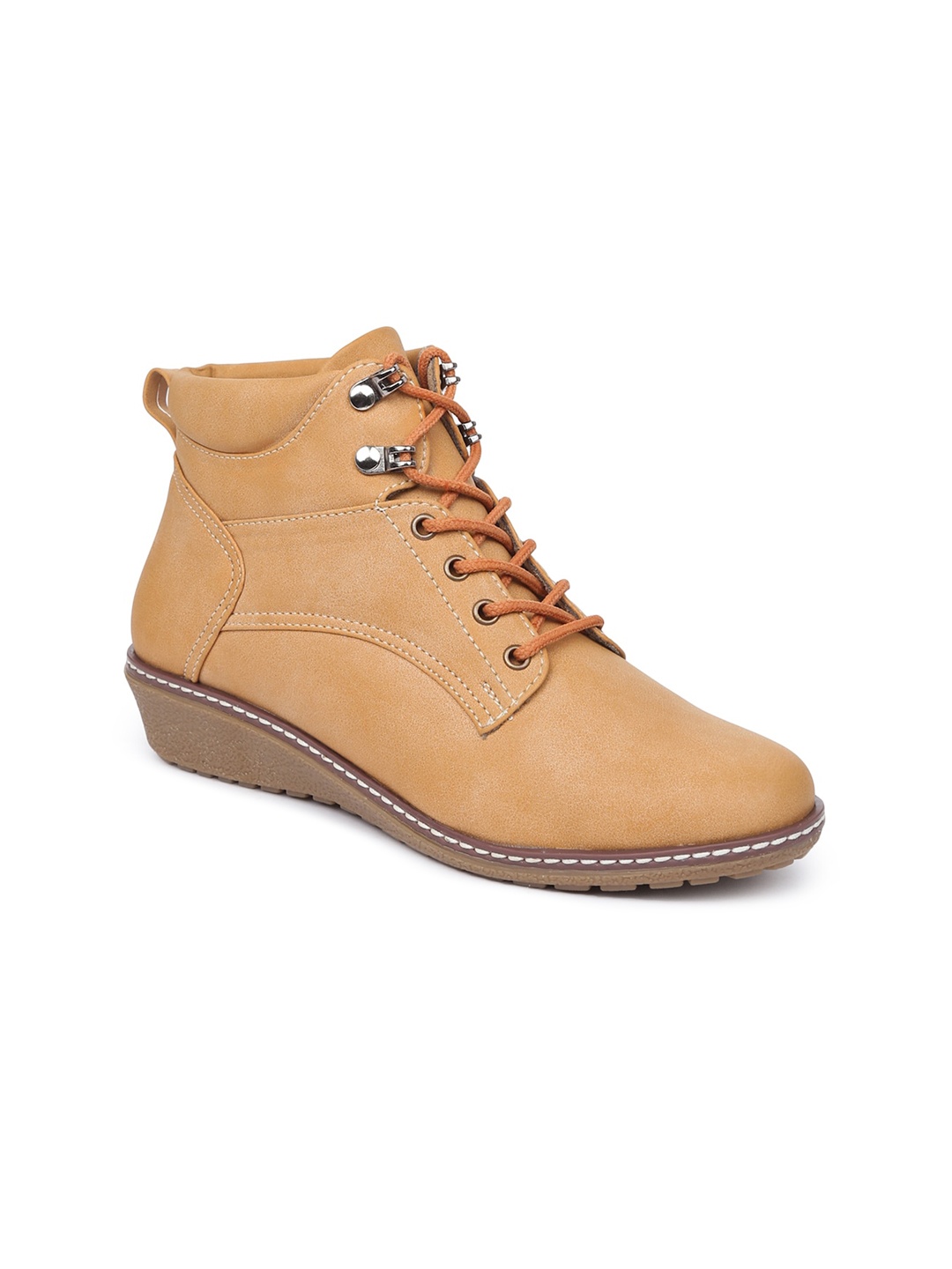 

VALIOSAA Women Lace-Ups Round-Toe Wedges Heel Boots, Beige