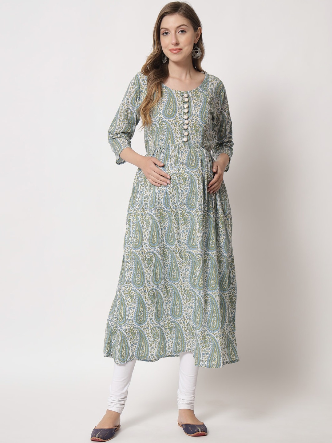 

Aujjessa Women Paisley Printed Maternity Anarkali Pure Cotton Kurta, White