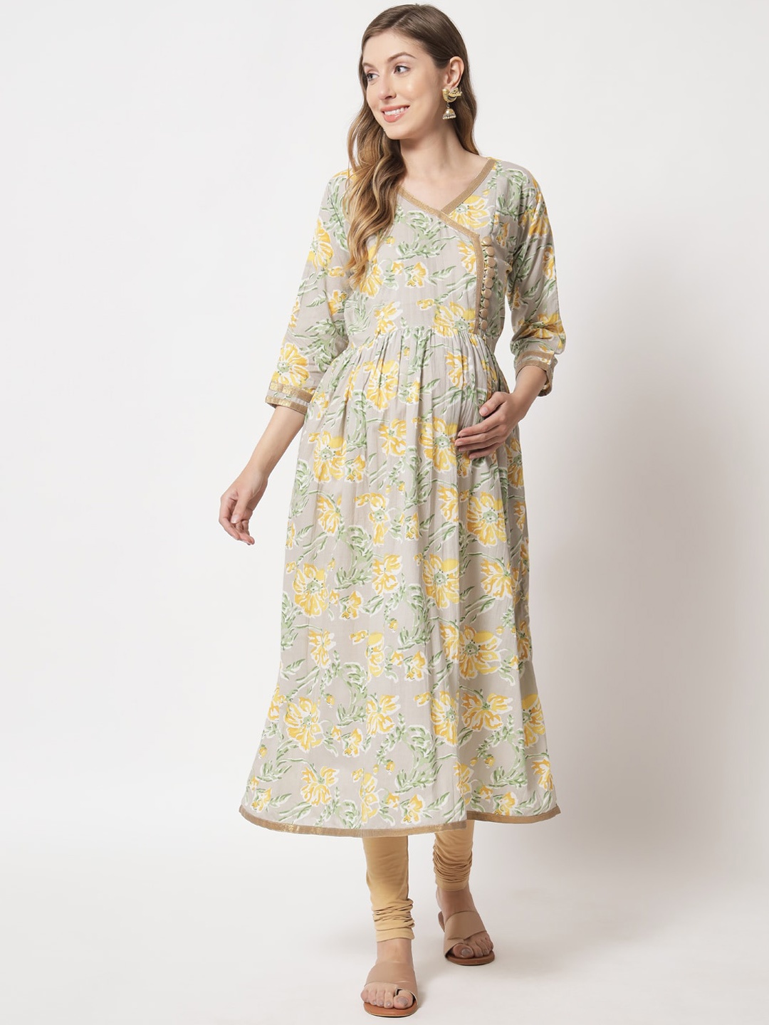 

Aujjessa Women Floral Printed Maternity Anarkali Pure Cotton Kurta, Grey