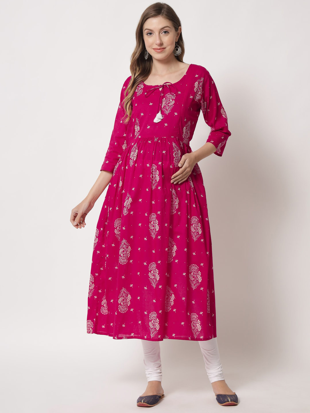 

Aujjessa Women Floral Printed Maternity Anarkali Pure Cotton Kurta, Fuchsia