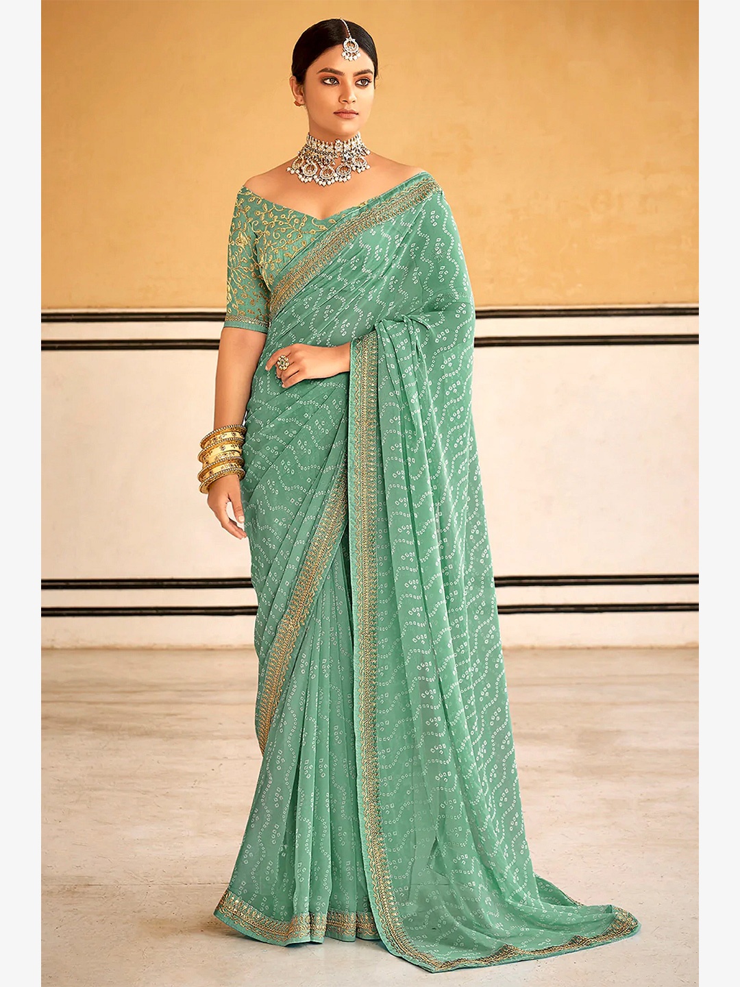 

Trendmalls Bandhani Pure Georgette Saree, Sea green