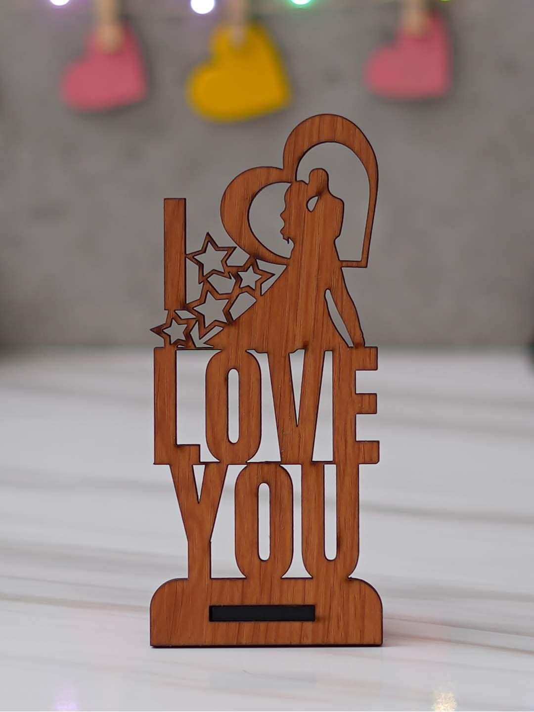 

eCraftIndia Brown Love You Valentine Wooden Showpiece With Stand