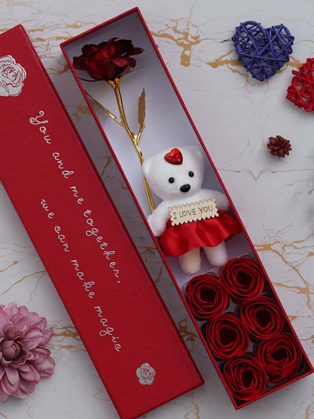 

eCraftIndia Teddy Rose Showpiece and 6 Flowers Red Valentine's Day Gift Set