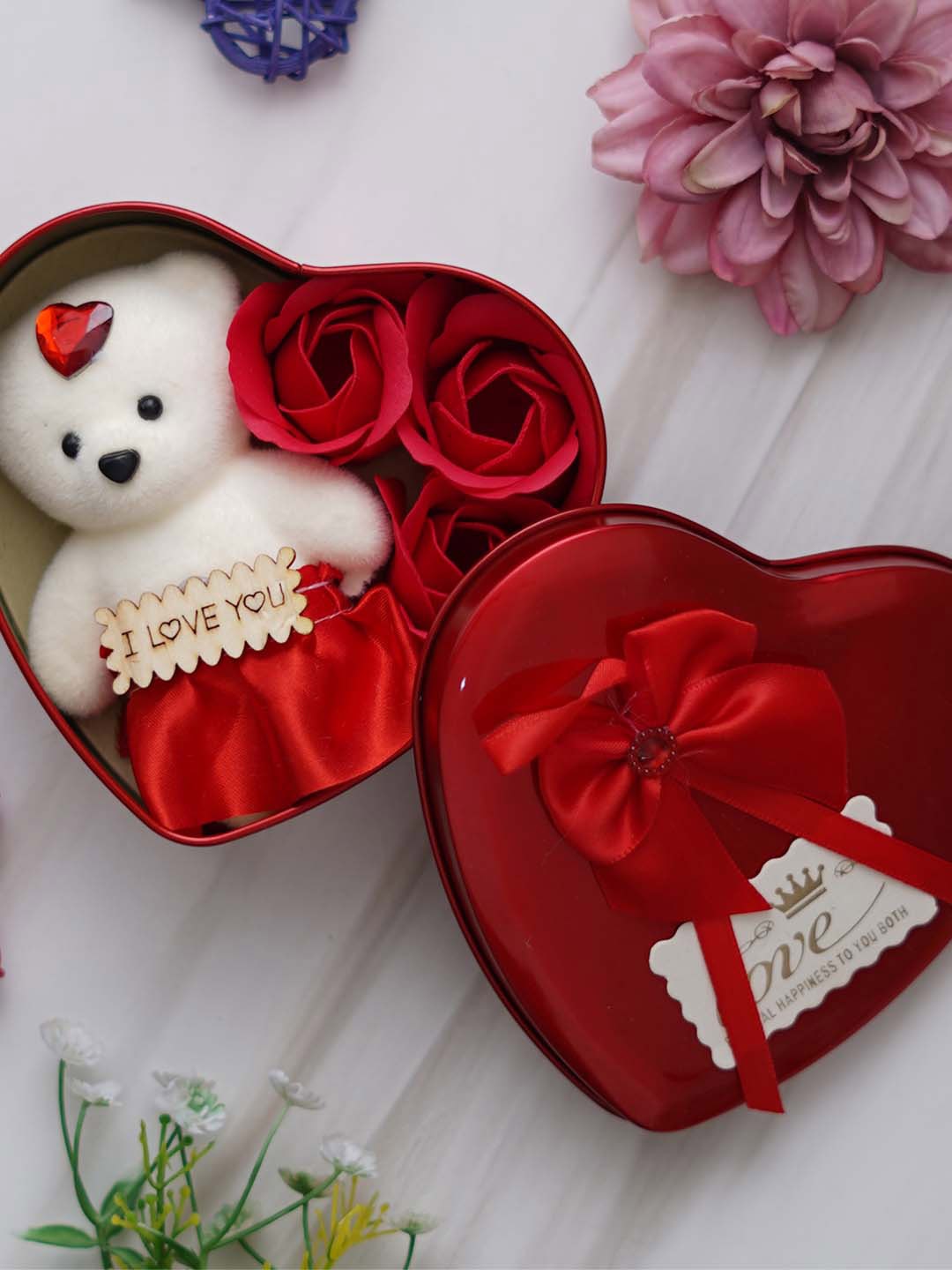 

eCraftIndia Red & White Heart Shaped Valentine Gift Box With Teddy and Flowers