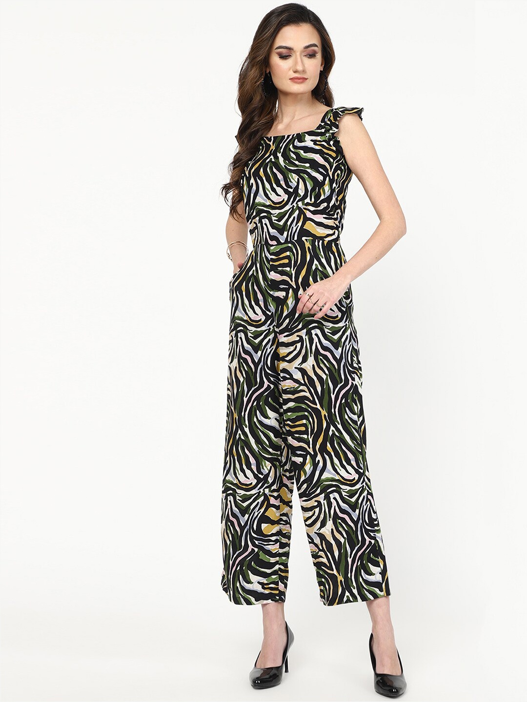 

J Turritopsis Printed Basic Jumpsuit with Ruffles, Black