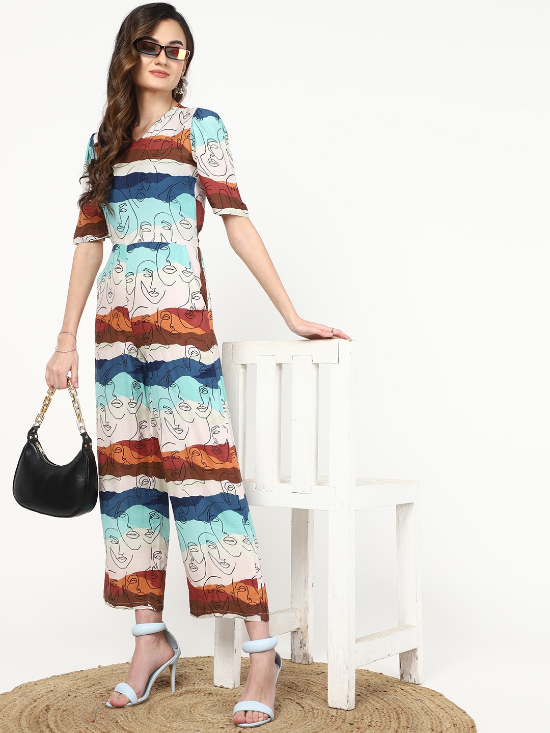 

J Turritopsis White & Blue Printed Basic Jumpsuit