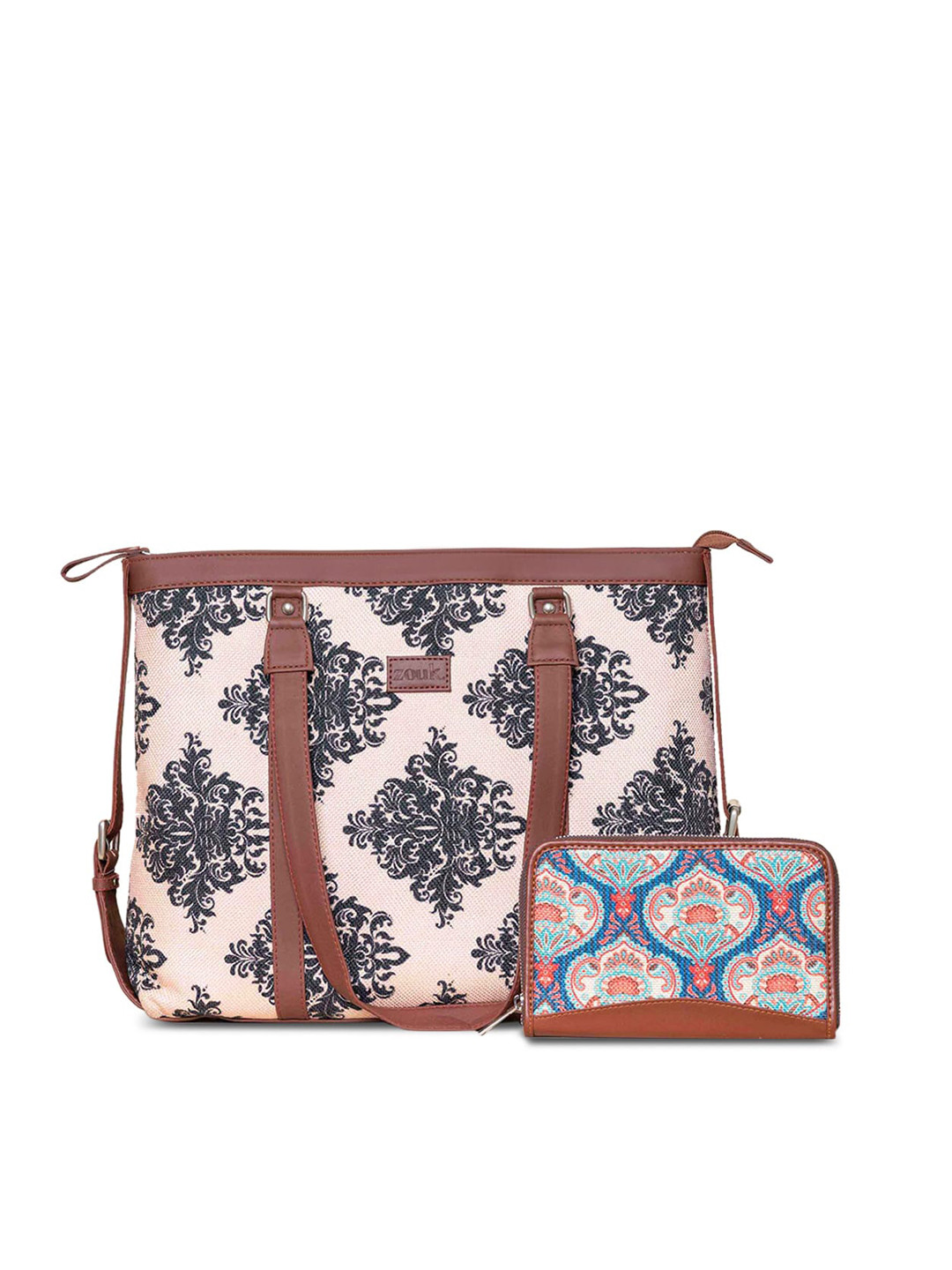 

ZOUK Floral Printed Structured Sling Bag with Cut Work, Beige