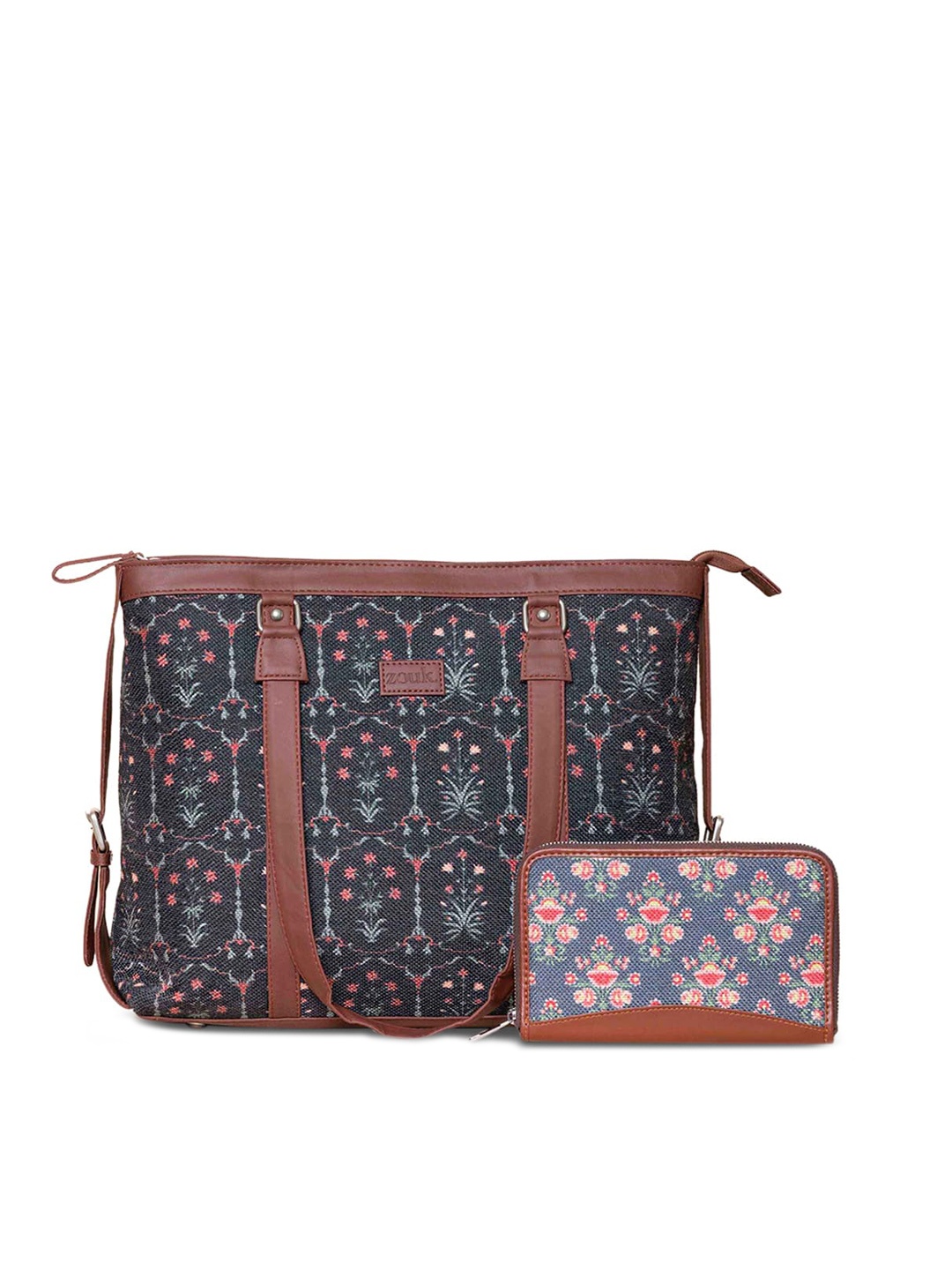 

ZOUK Ethnic Motifs Printed Leather Structured Shoulder Bag With Pouch, Brown