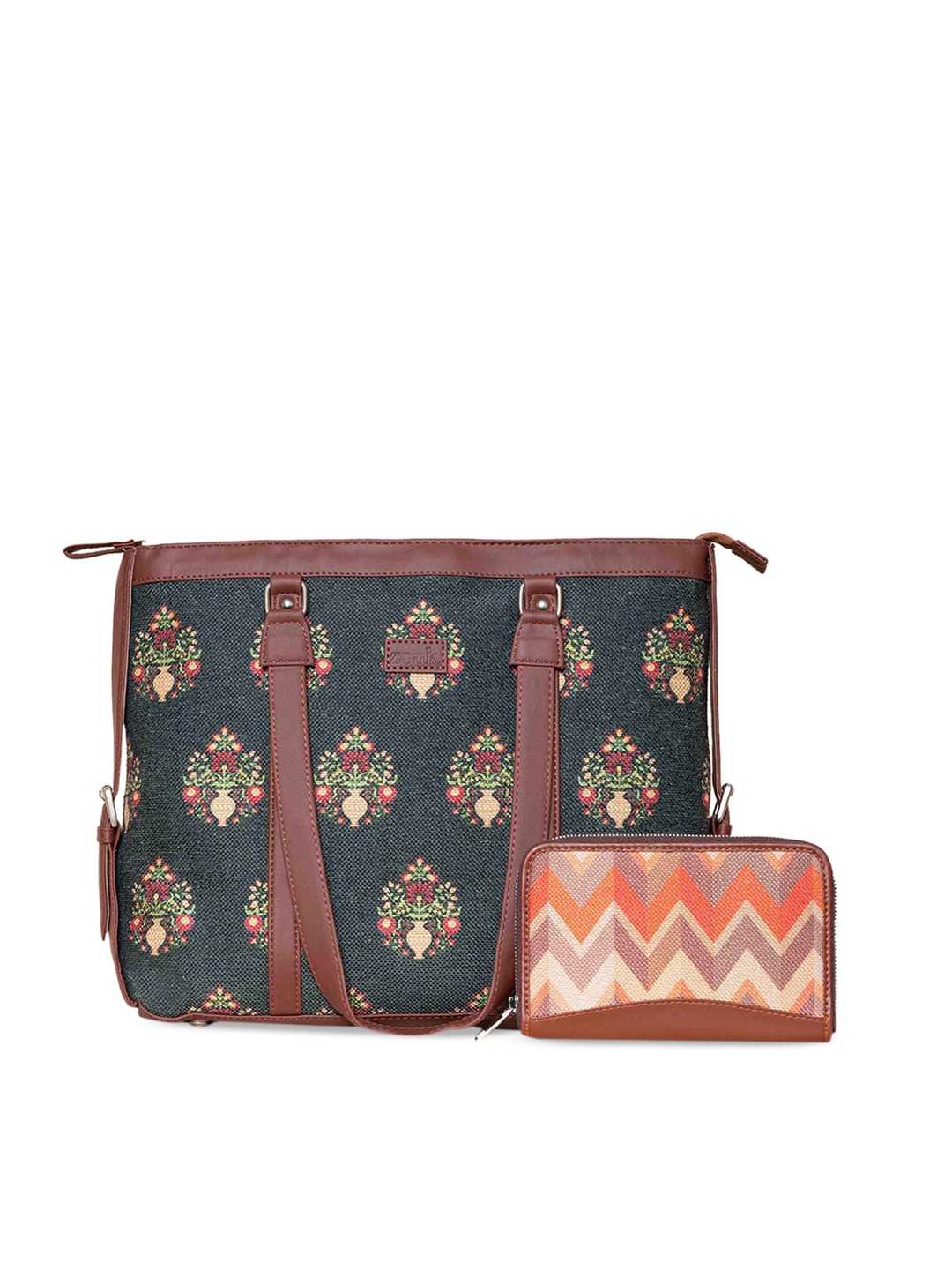 

ZOUK Floral Printed Leather Structured Shoulder Bag With Pouch, Brown