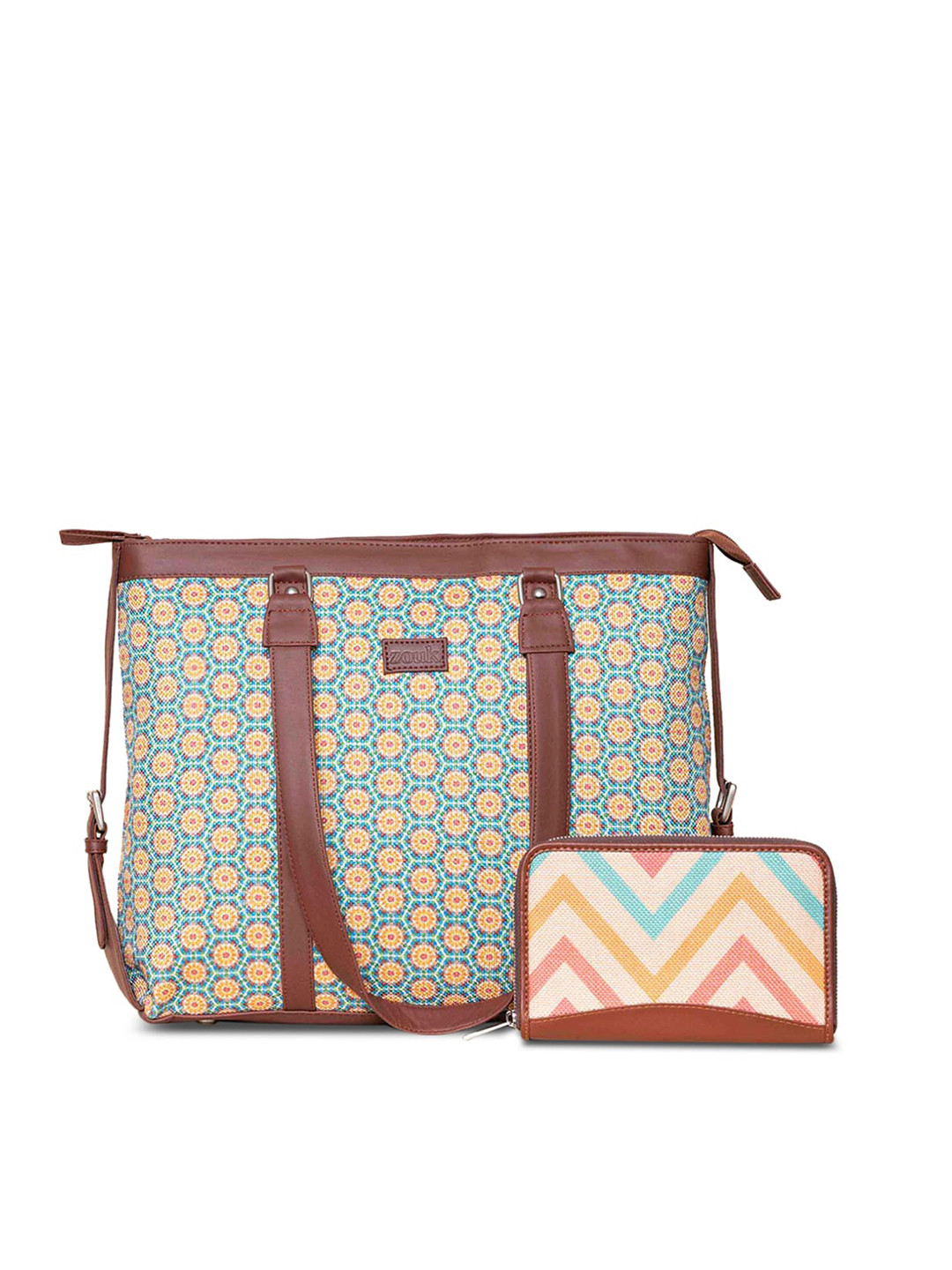 

ZOUK Ethnic Motifs Printed Leather Structured Shoulder Bag With Pouch, Brown