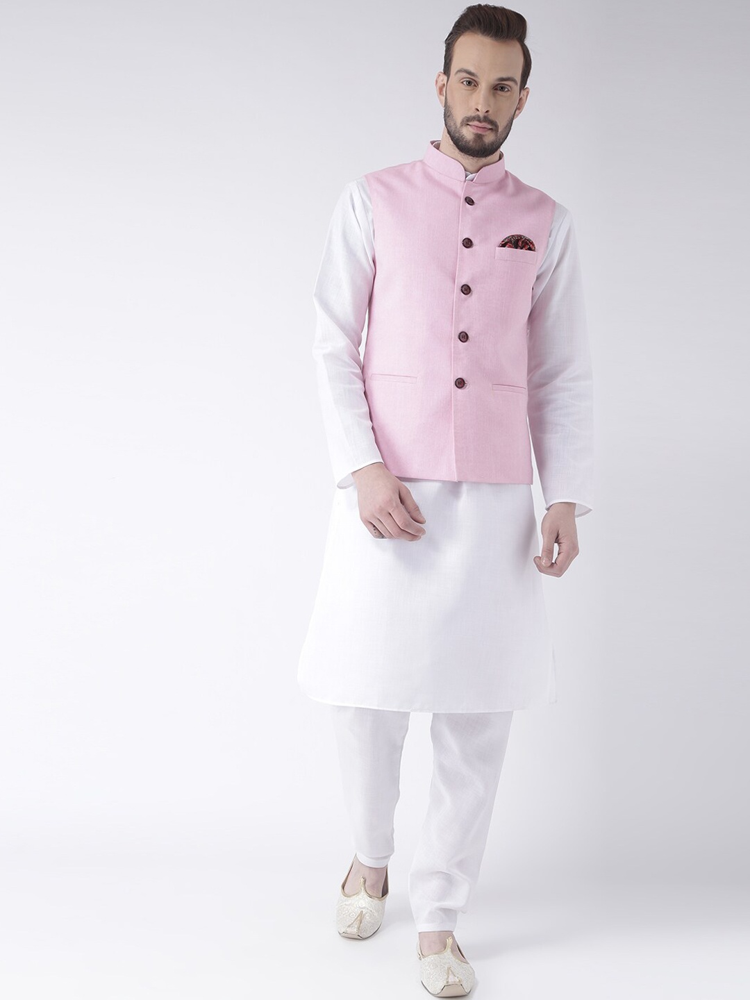 

hangup plus Men Mandarin Collar Pure Cotton Kurta with Pyjamas & Nehru Jacket, White