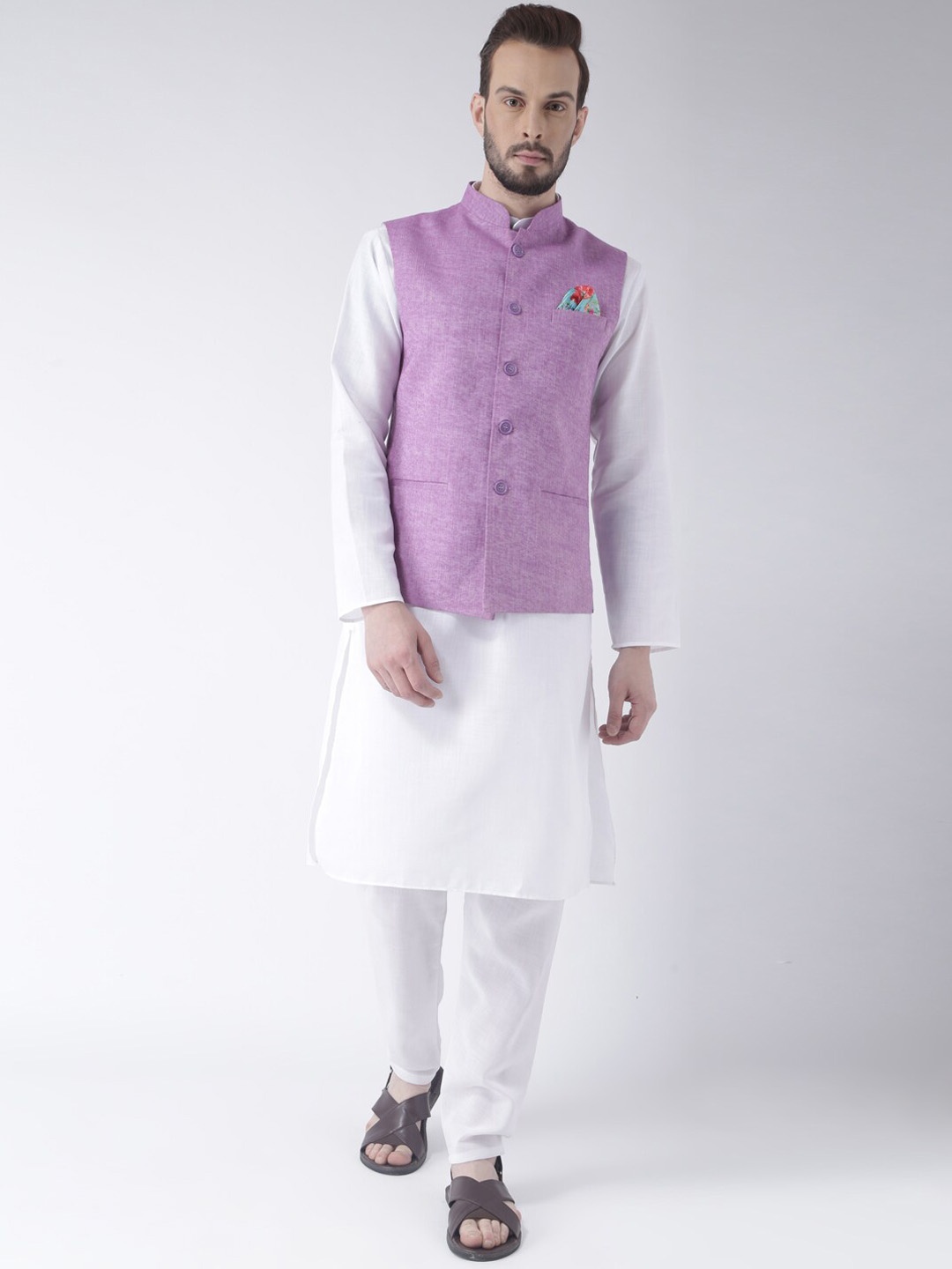 

hangup plus Men Pure Cotton Kurta with Pyjamas & Nehru Jacket, White