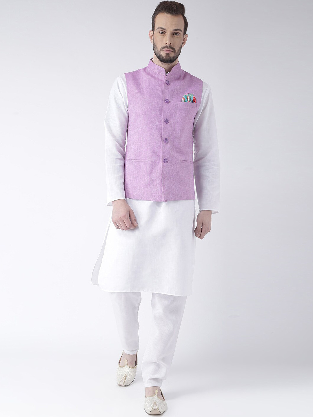 

hangup plus Men Pure Cotton Kurta with Pyjamas With Nehru Jacket, White