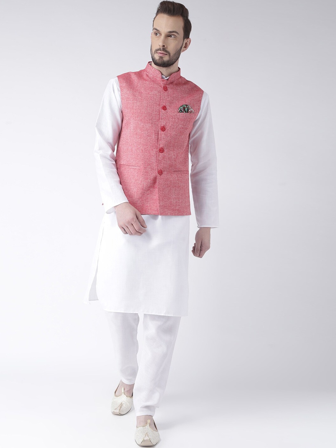 

hangup plus Men Pure Cotton Kurta with Pyjamas and Nehru Jacket, White