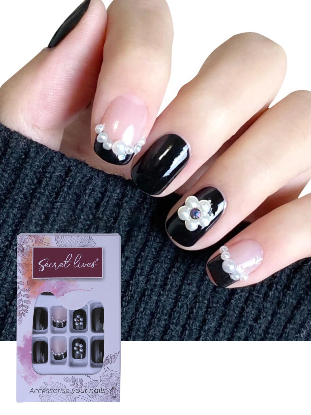 

Secret Lives 24 Pcs Short Square Pearls False Nails with Manicure Kit - Pink & Black