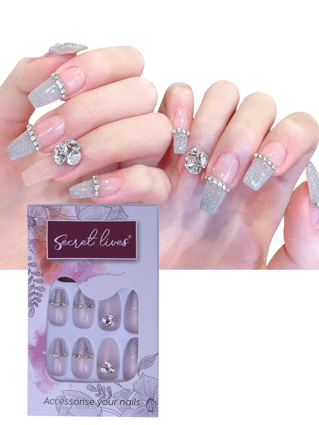 

Secret Lives 24 Pieces Glitter Ring Stud Fake Nail Extensions, White