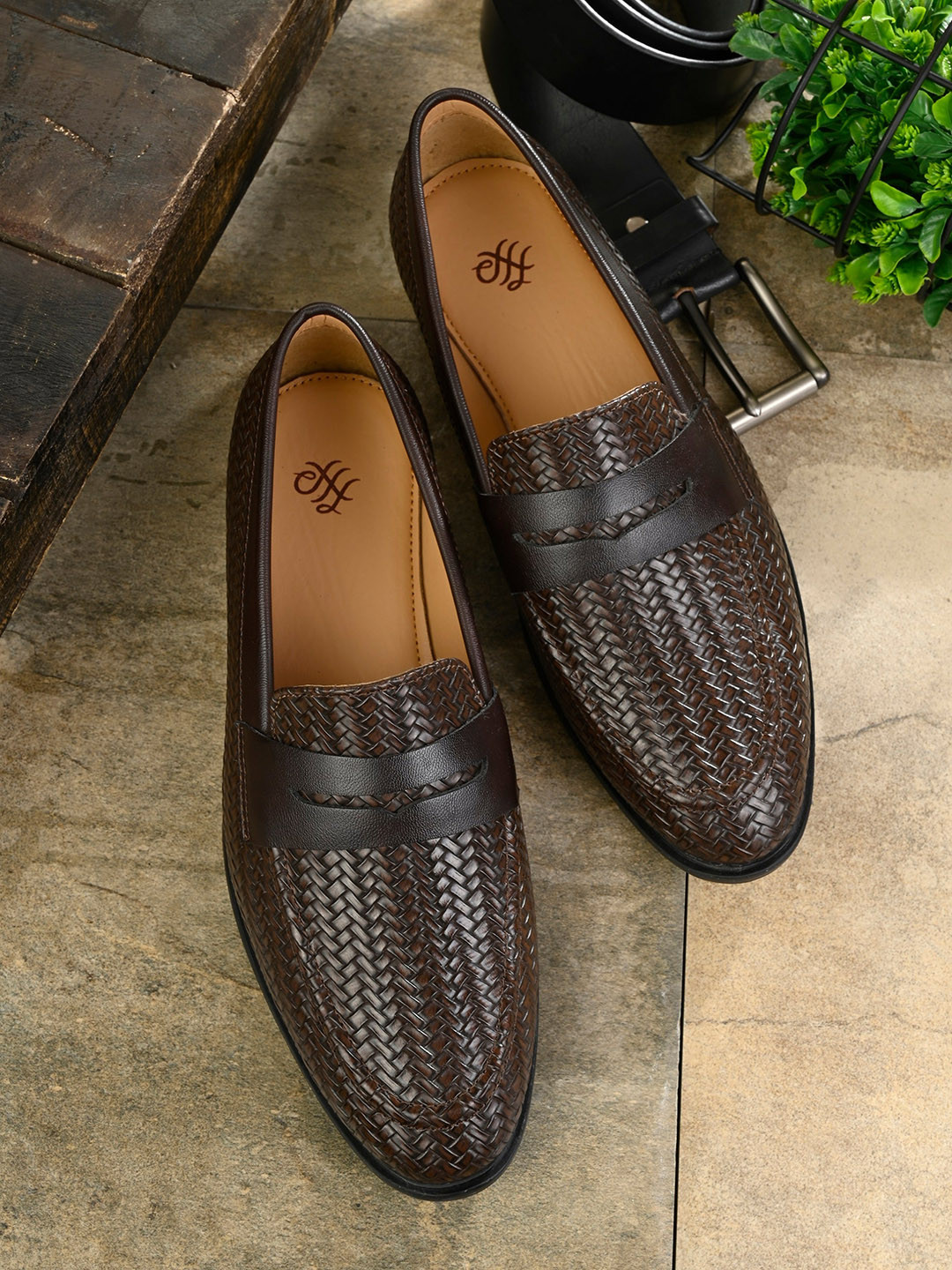 

House of Pataudi Men Textured Formal Slip On Shoes, Brown
