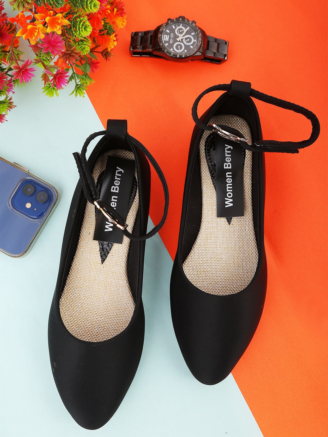 

WOMENS BERRY Women Ballerinas with Buckles Flats, Black