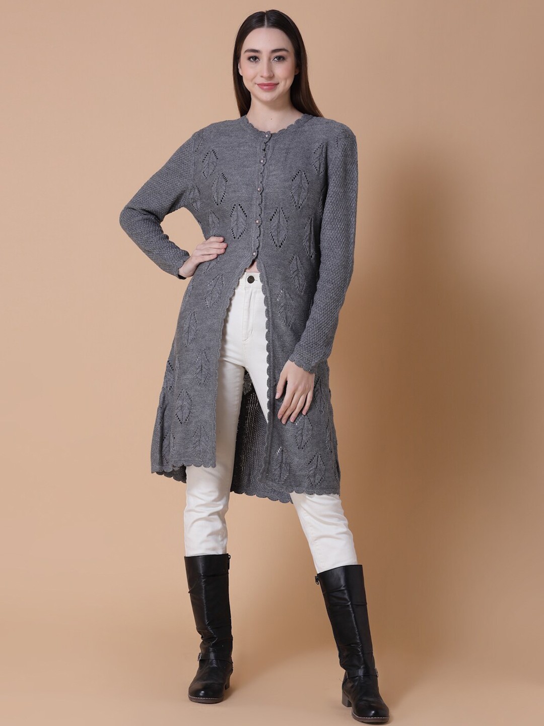 

Wool Trees Women Self Design Acrylic Longline Cardigan, Grey