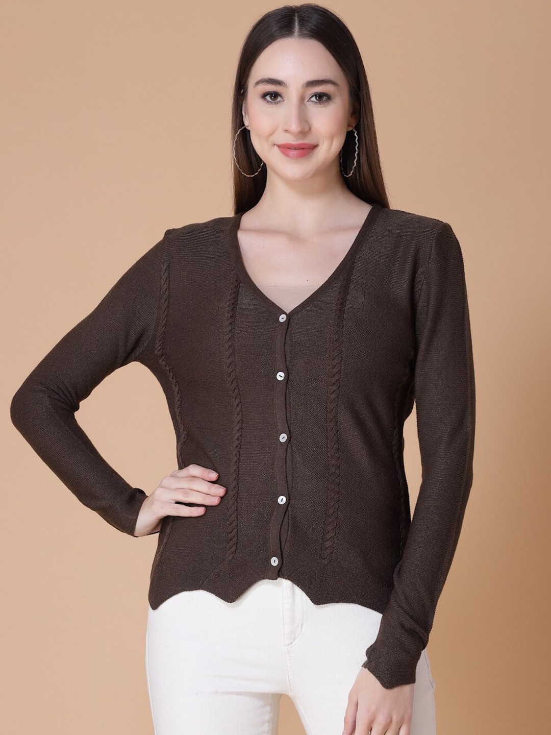 

Wool Trees Women Cable Knit Acrylic Cardigan, Brown