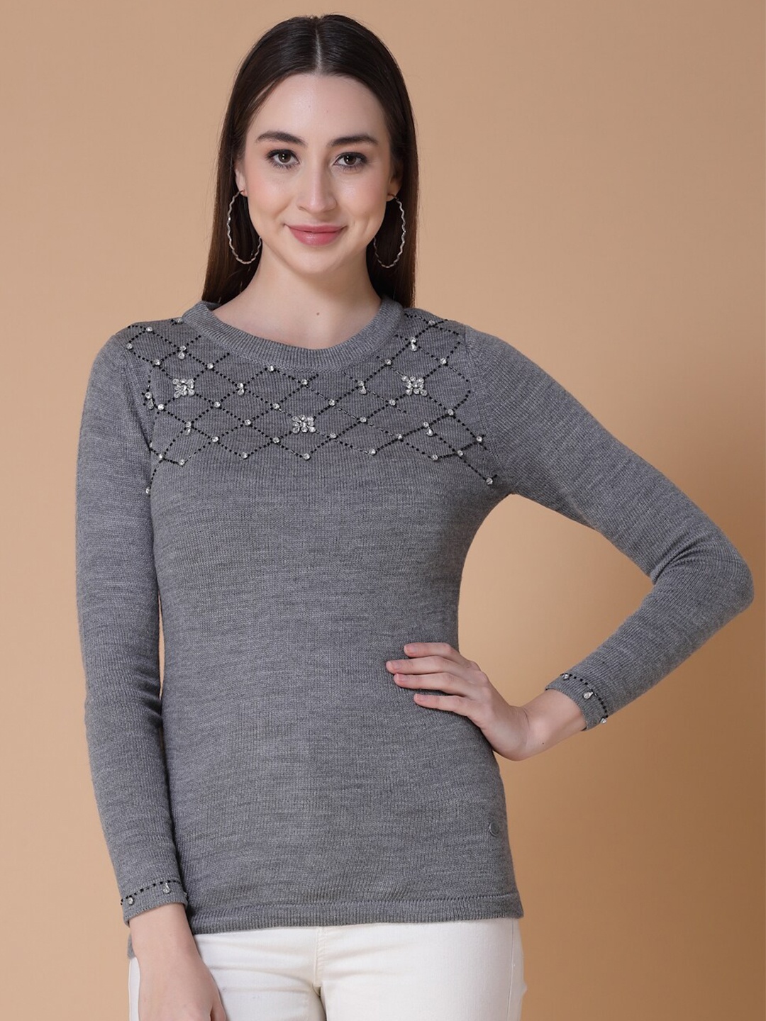 

Wool Trees Women Acrylic Pullover with Embellished Detail, Grey