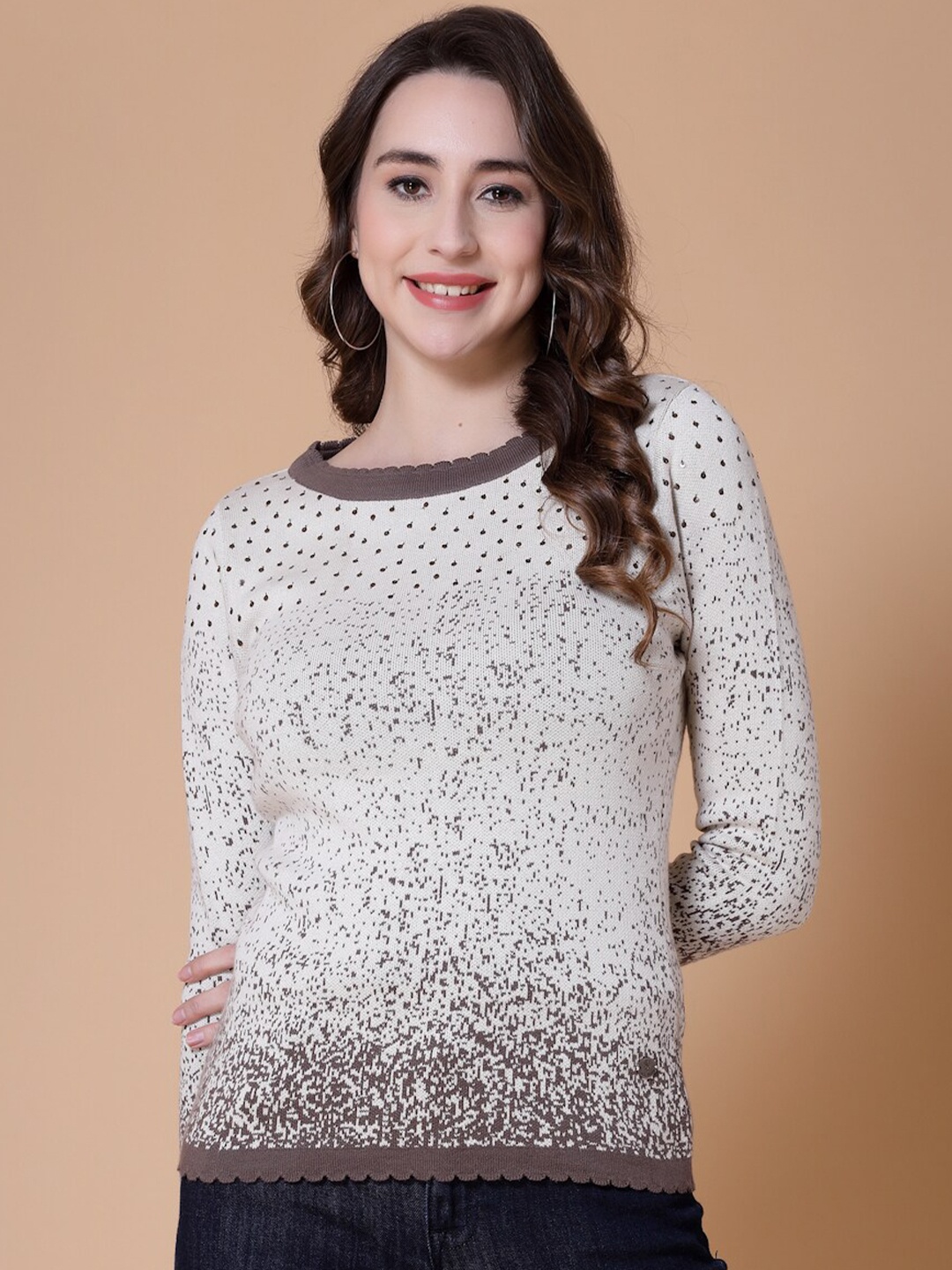 

Wool Trees Women Self Design Speckled Acrylic Pullover, Cream