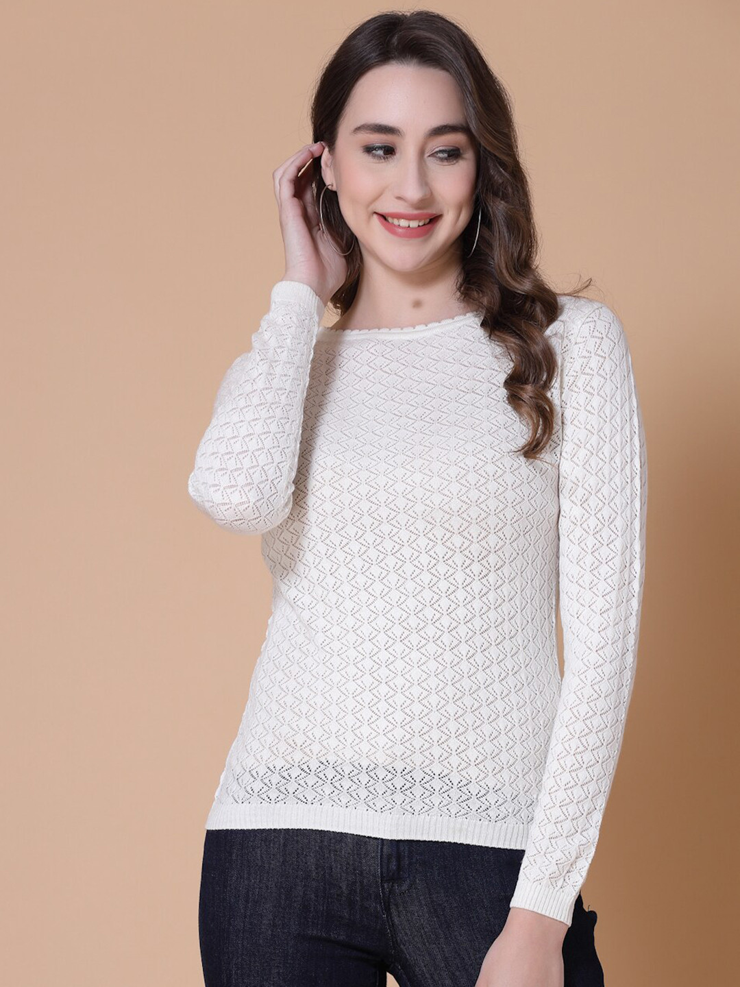 

Wool Trees Women Self Design Round Neck Long Sleeves Acrylic Pullover, Cream