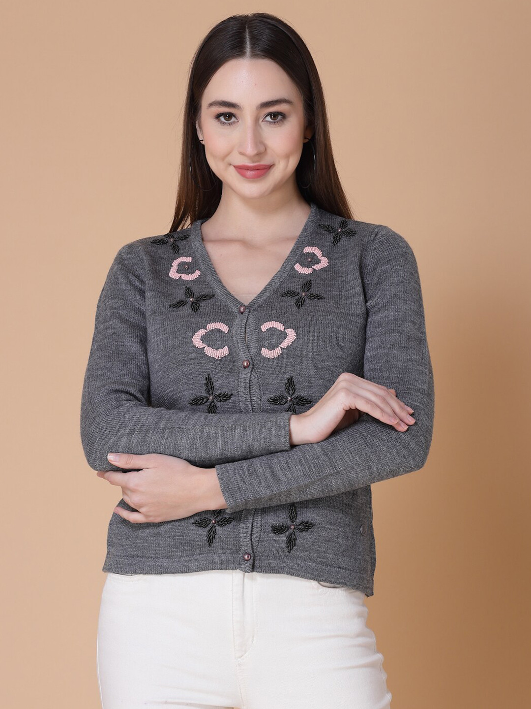 

Wool Trees Women Acrylic Embroidered Cardigan, Grey