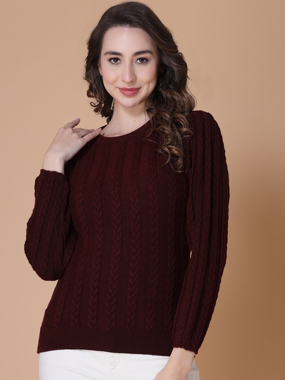 

Wool Trees Women Cable Knit Acrylic Pullover, Maroon