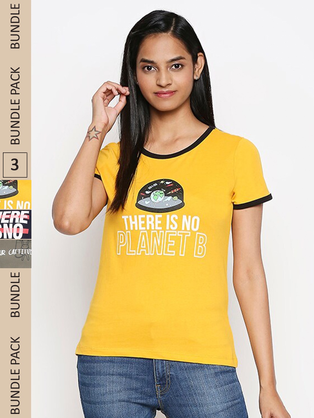

Honey by Pantaloons Pack Of 3 Women Typography Printed Pure Cotton T-shirts, Yellow
