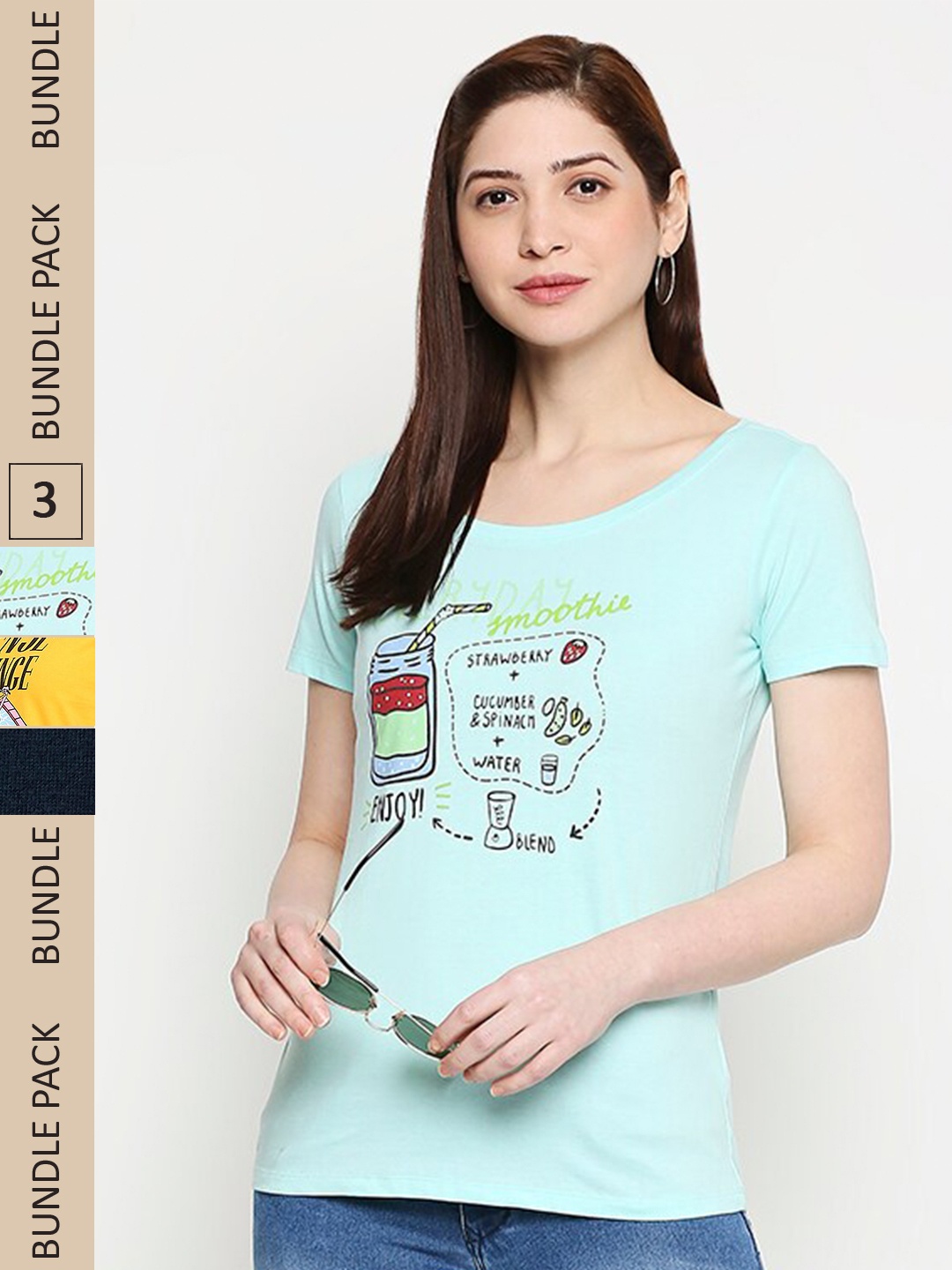 

Honey by Pantaloons Women Pack of 3 Typography Printed Cotton T-shirt, Blue