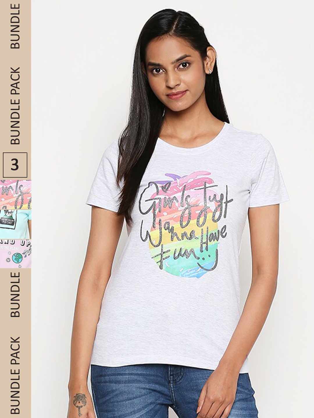 

Honey by Pantaloons Women Pack of 3 Typography Printed Cotton T-shirt, White