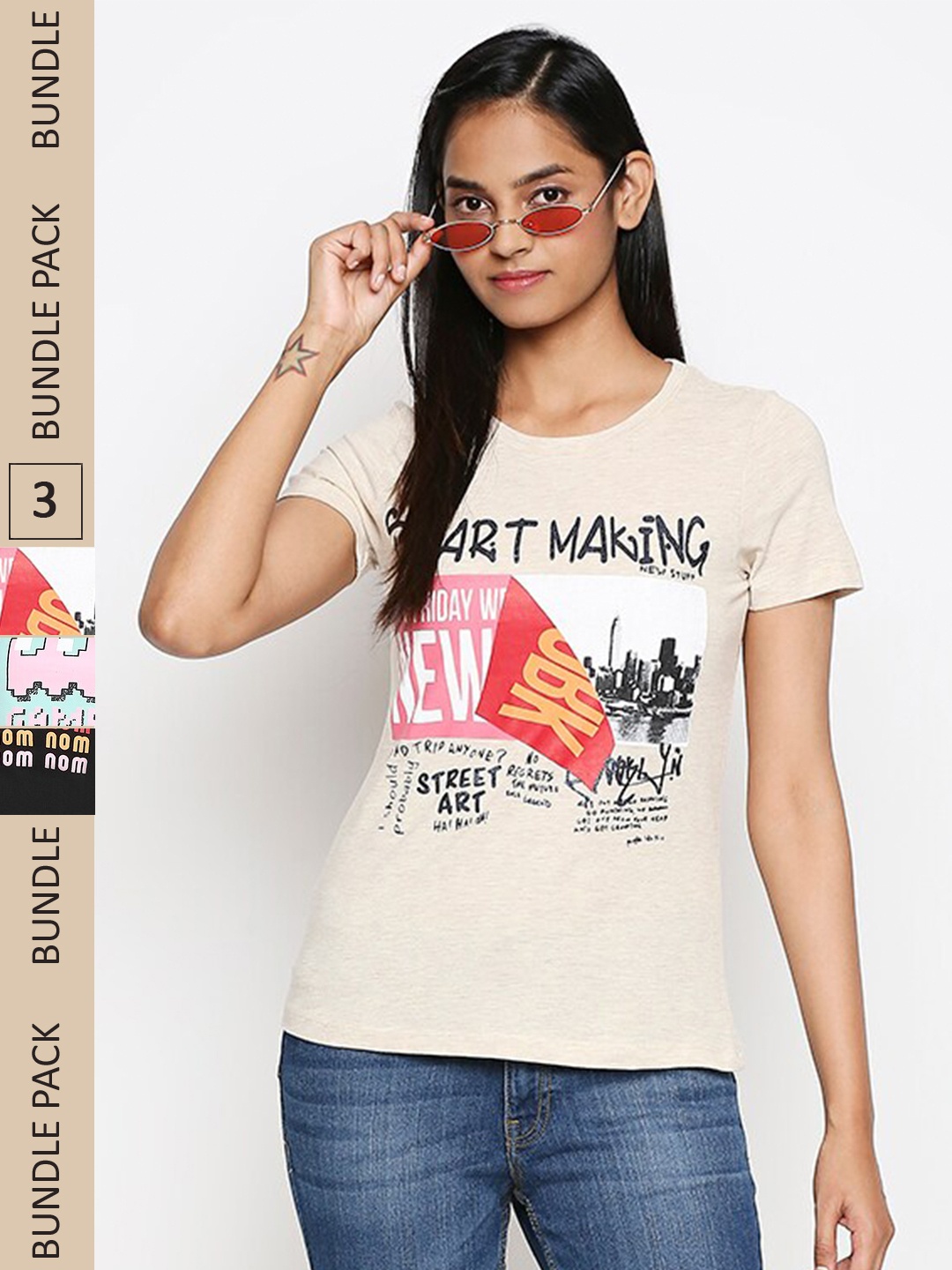 

Honey by Pantaloons Women Pack of 3 Printed Cotton T-shirt, Beige