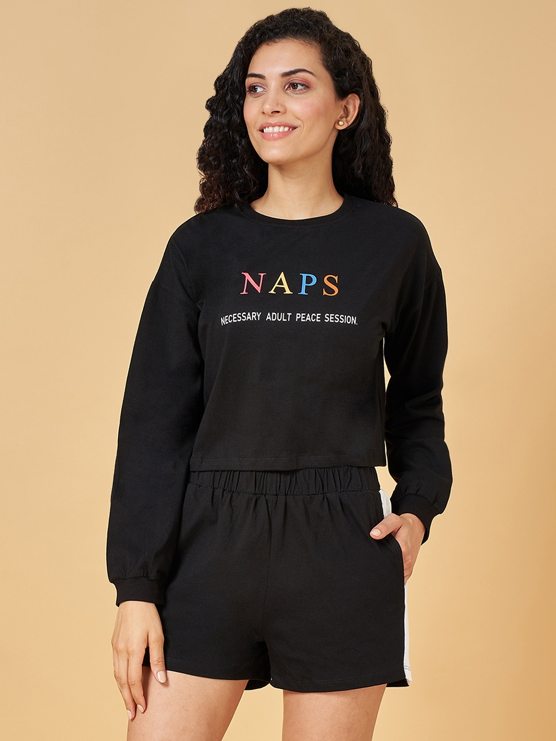 

People Women Printed Pure Cotton Night suit, Black