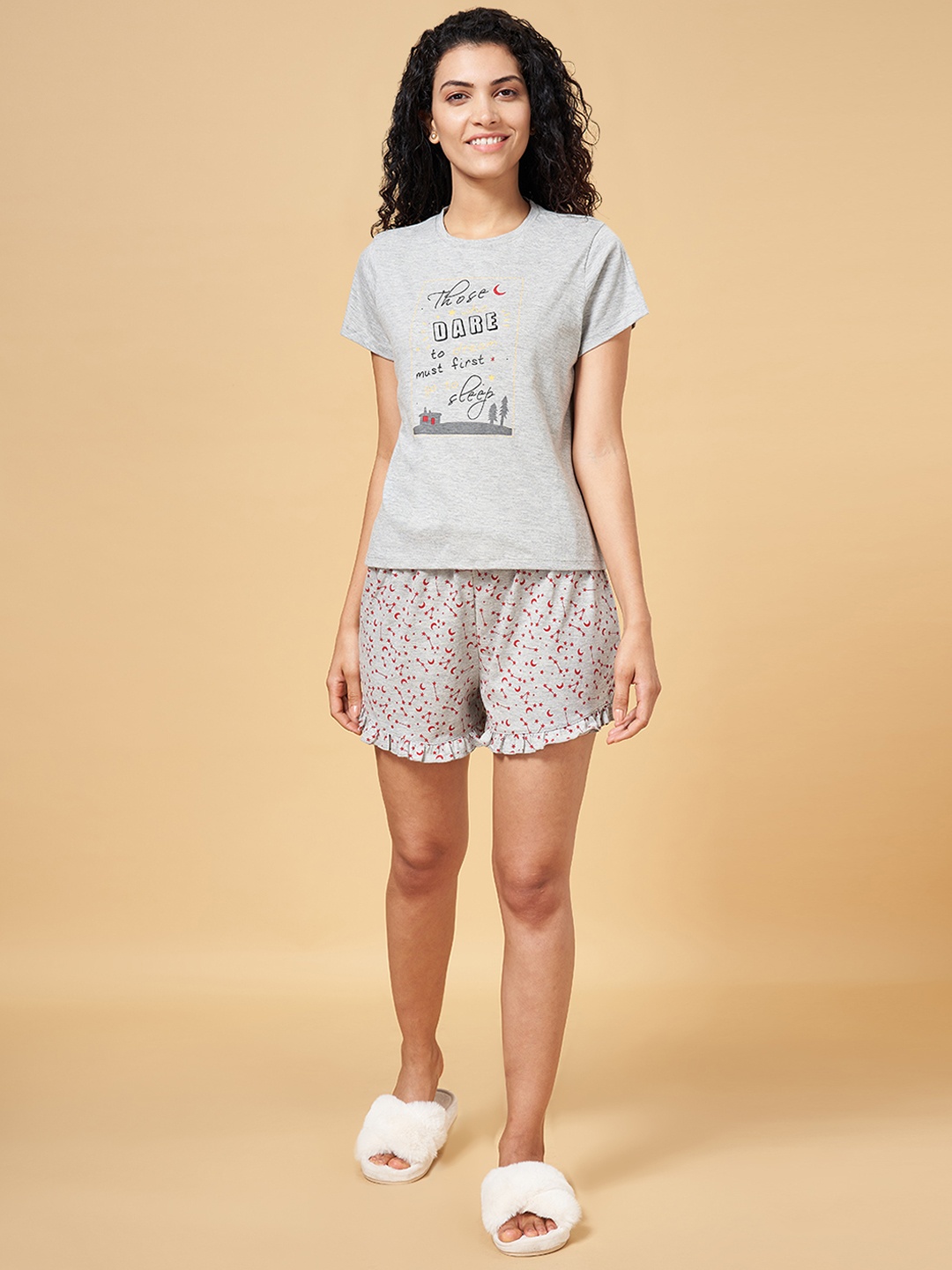 

People Women Printed Night suit, Grey