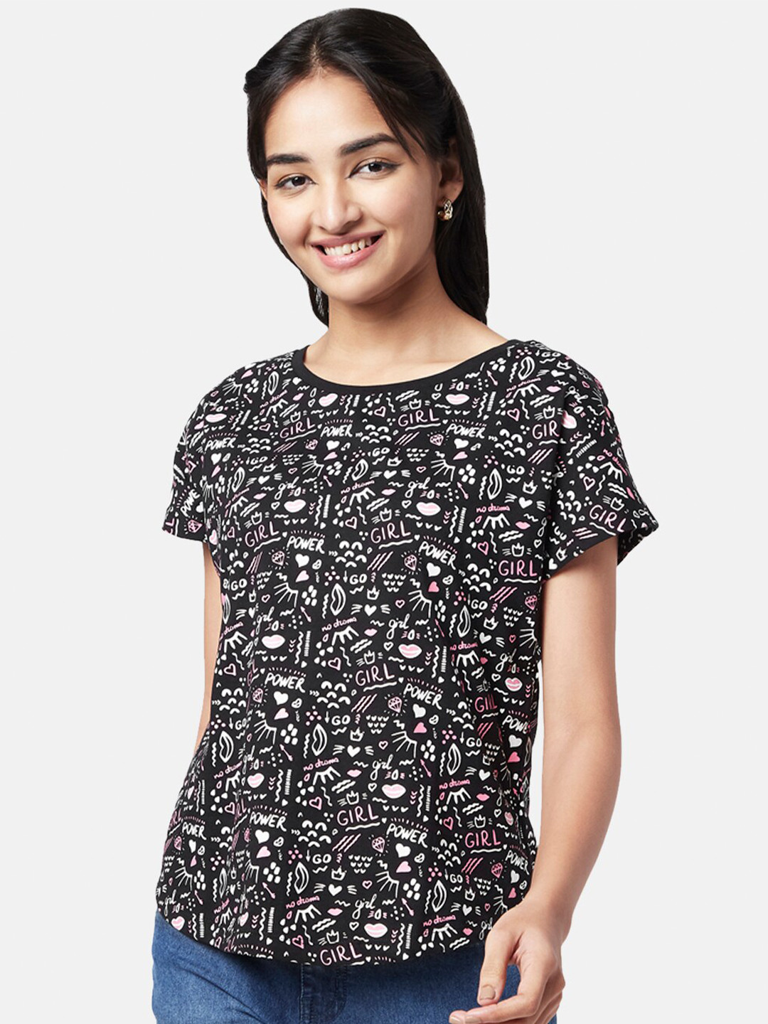 

YU by Pantaloons Women Printed Cotton T-shirt, Black