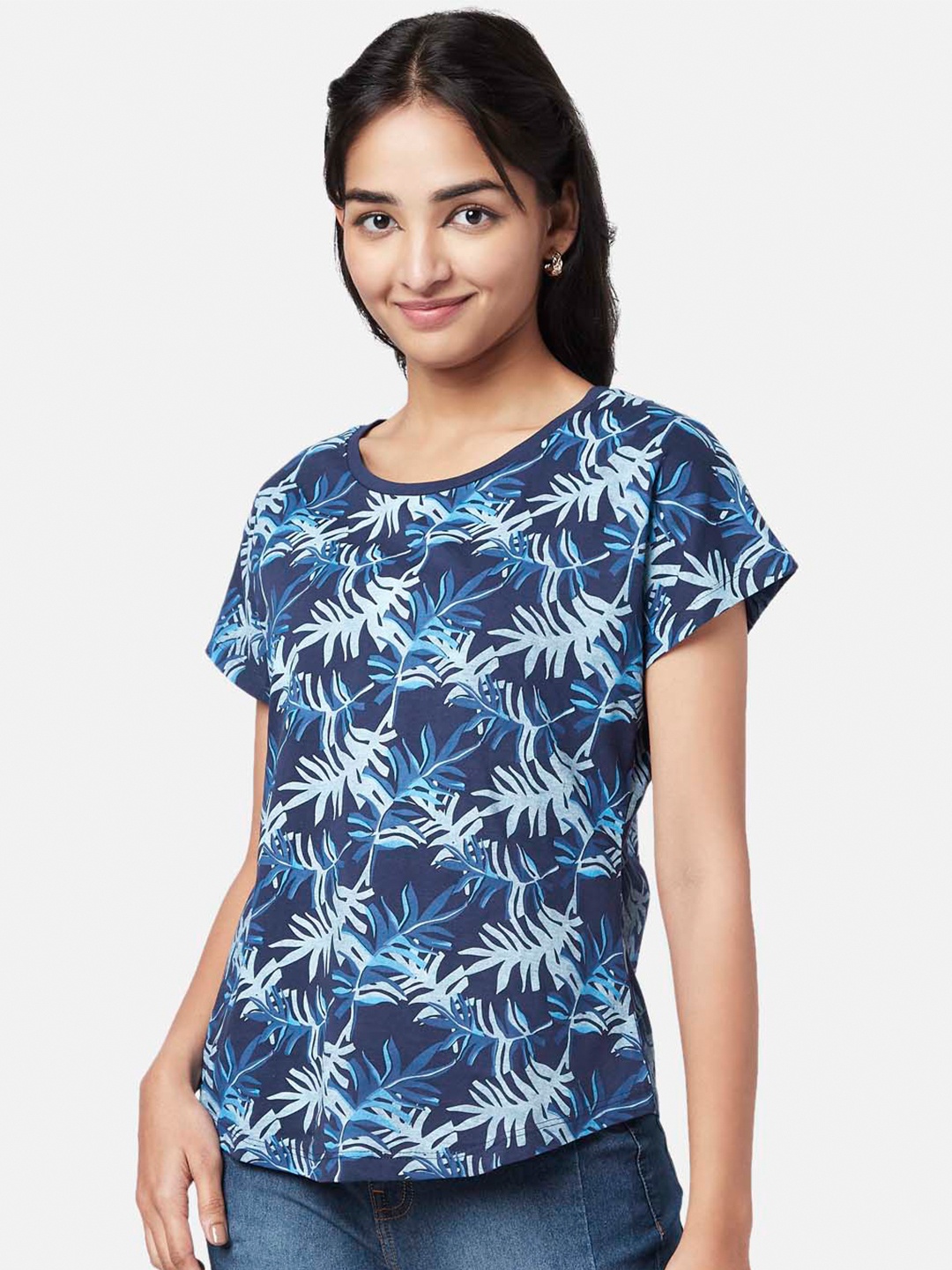 

YU by Pantaloons Women Floral Printed Tropical Raw Edge Cotton T-shirt, Navy blue